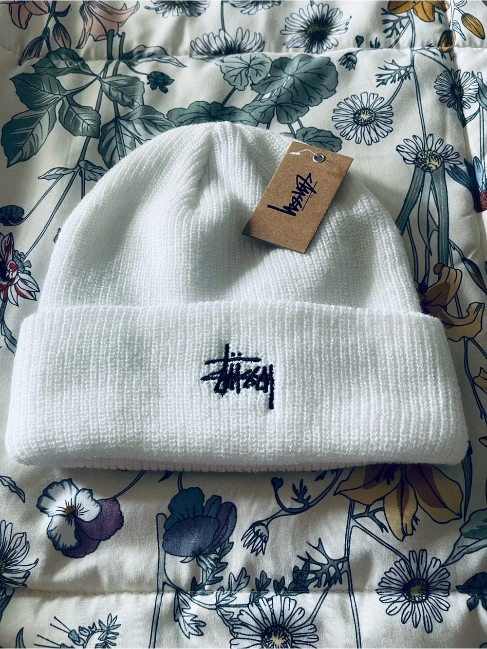 Stussy White Knit Beanie - Classic Cuffed Hat